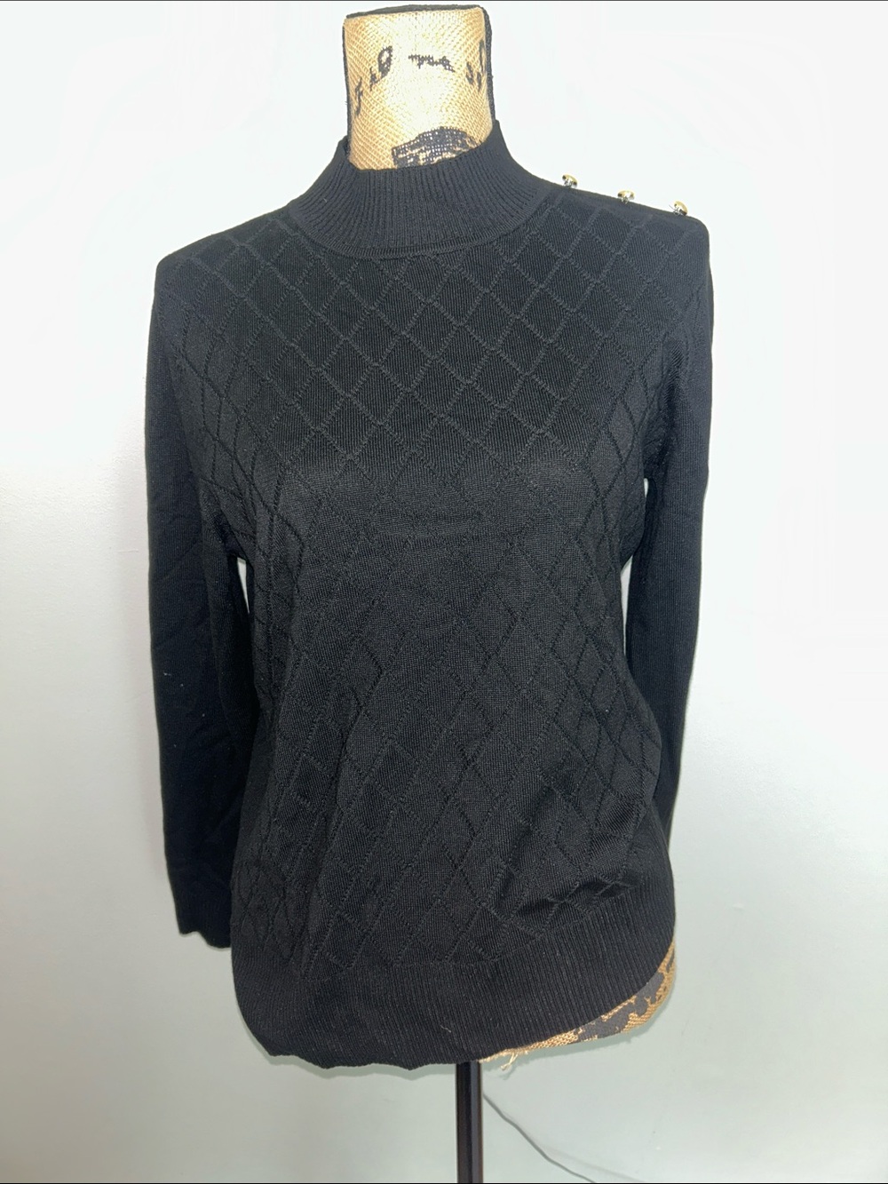 Black Diamond-Knit Mock Neck Sweater with Shoulder Buttons